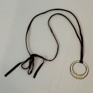 Vintage KCR Gold Tone Cream Circle Pendant Suede Cloth Necklace